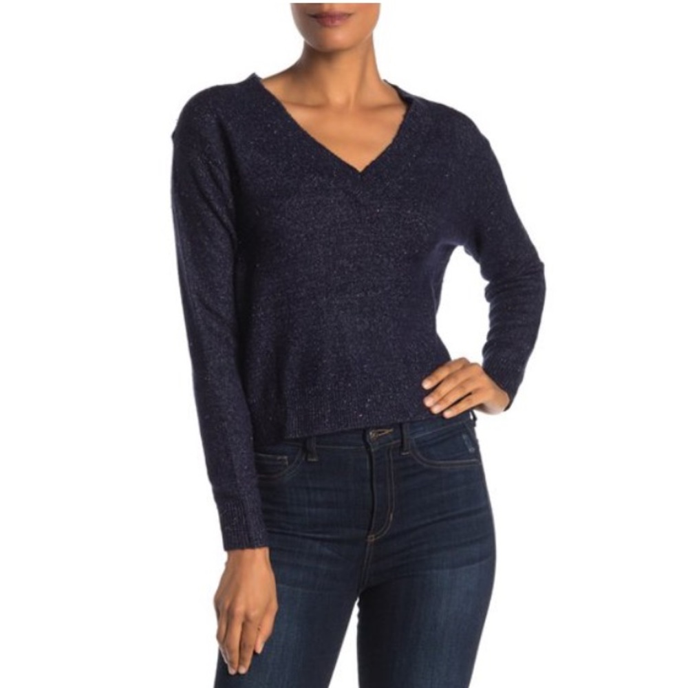 Hiatus Navy Flecked Knit V-Neck Sweater Size Medium